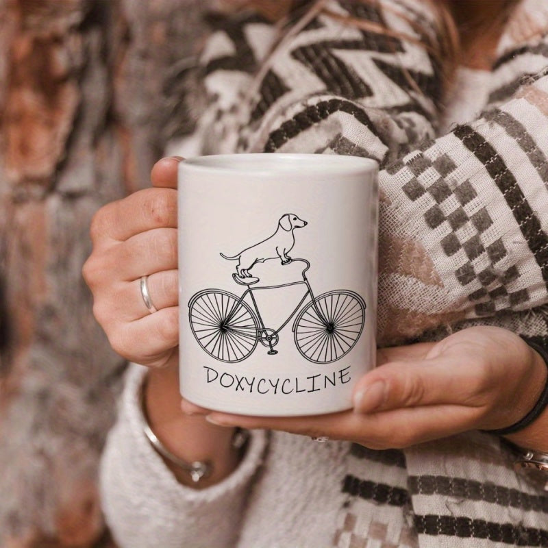 Tailorly White Ceramic 11 oz Mug - Doxycycline Minimalist Line Art Sketching A Wiener Dog Balancing On A Vintage Bicycle