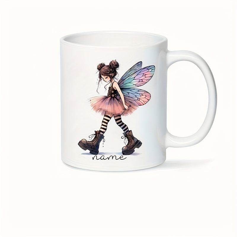 Tailorly White Ceramic 11 oz Mug - Name Whimsical Little Girl With Colorful Butterfly Wings Wearing Pink Tutu Fairy