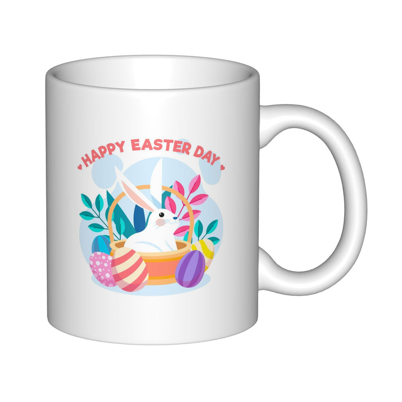 Tailorly White Ceramic 11 oz Mug - Happy Easter Day Cute Bunny Resting In Basket Among Colorful Eggs And Foliage Rabbit