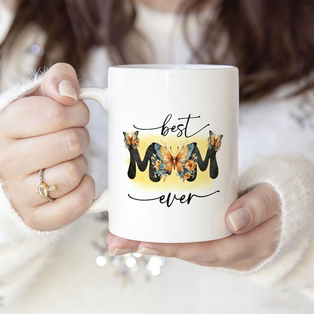 Tailorly White Ceramic 11 oz Mug - Best Mom Ever Elegant Butterflies Among Colorful Flowers Within Artistic Bold Black Letters Butterfly