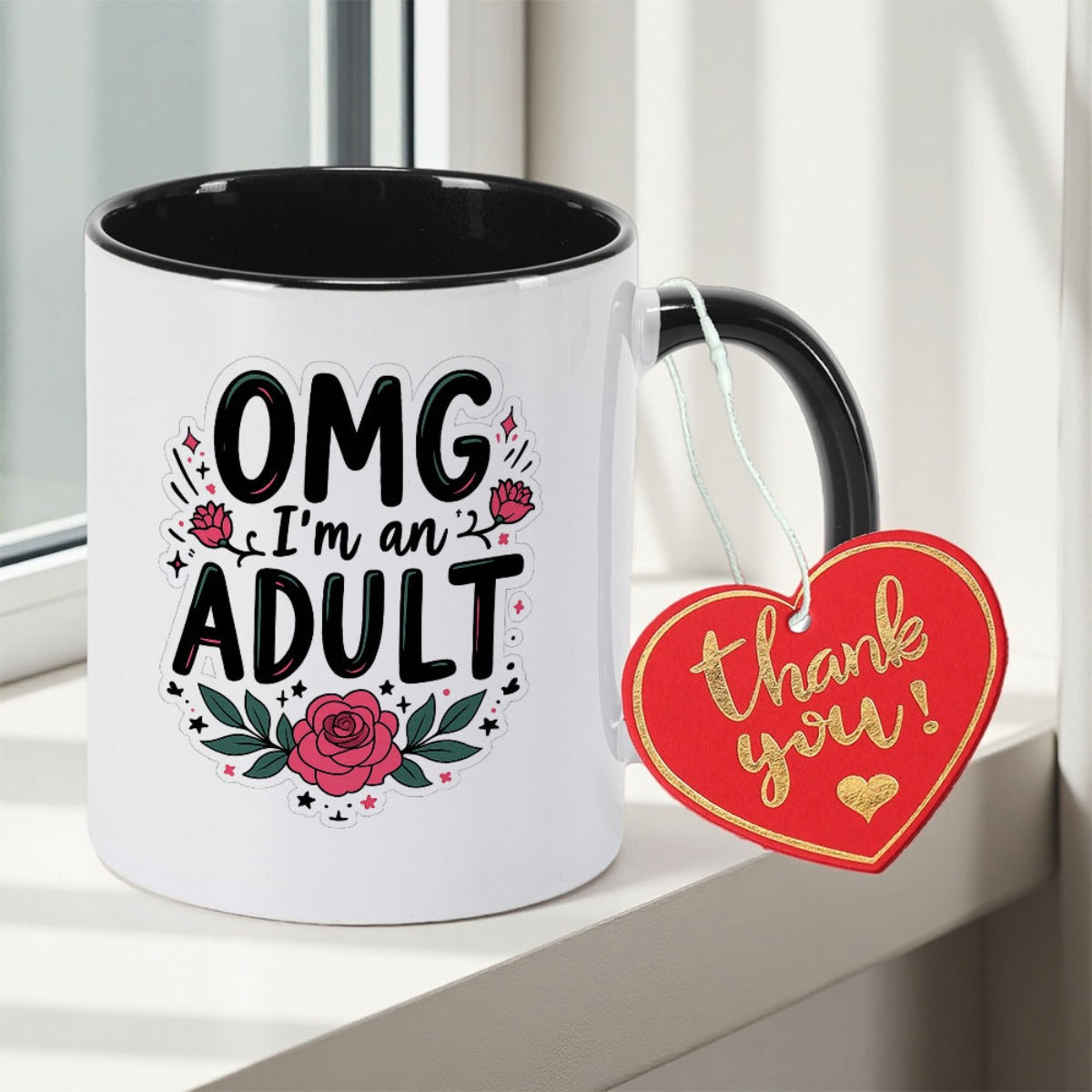 Tailorly Black Accent 11 oz Mug - OMG I M an Adult text