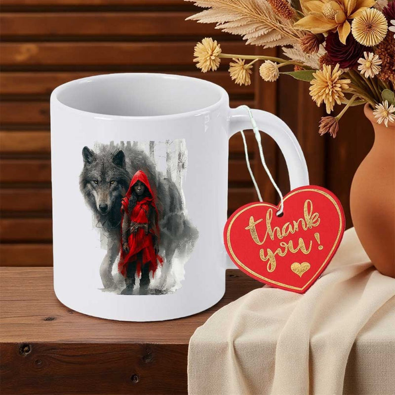 Tailorly White Ceramic 11 oz Mug - Mysterious Figure Wearing Red Hood Walking Beside Large Majestic Grey Wolf