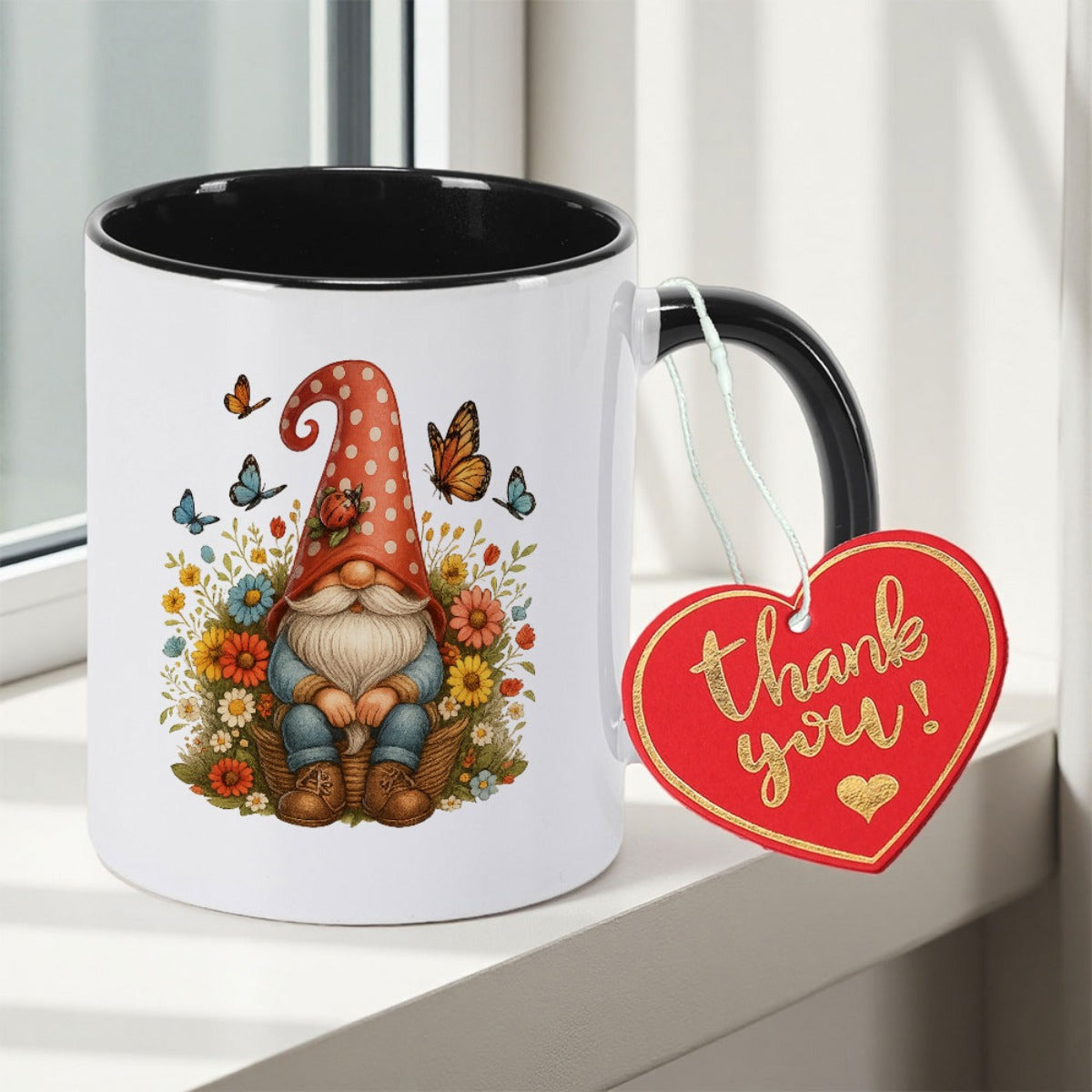 Tailorly Black Accent 11 oz Mug - Whimsical gnome and coffee mug illustration