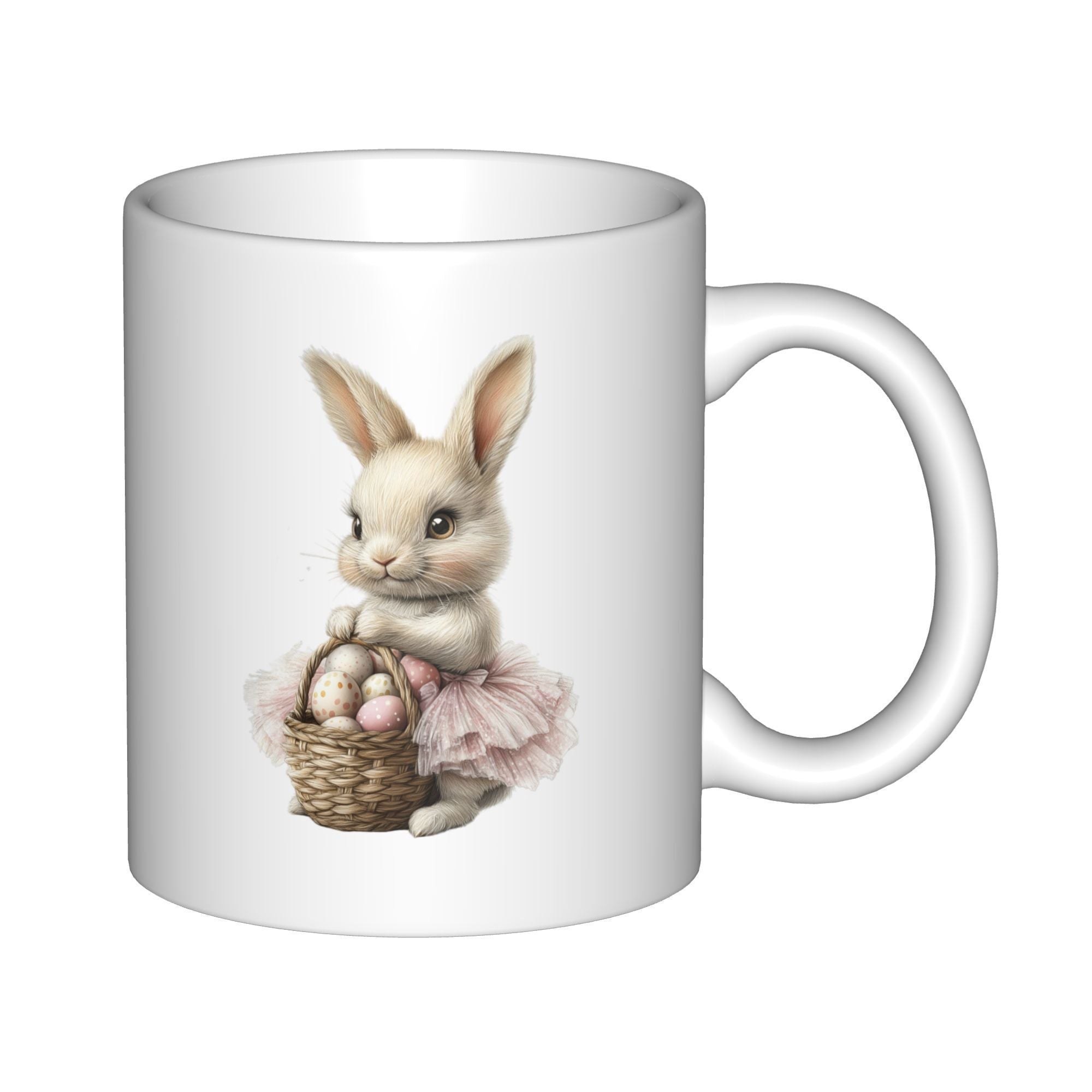 Tailorly White Ceramic 11 oz Mug - Adorable Fluffy Tutu Wearing Rabbit Holding Easter Basket Filled With Eggs Bunny