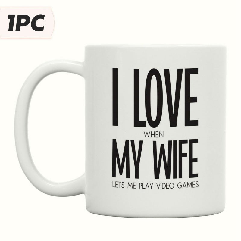 Tailorly White Ceramic 11 oz Mug - I Love When My Wife Lets Me Play Video Games Bold Minimalist Black Typography On Simple