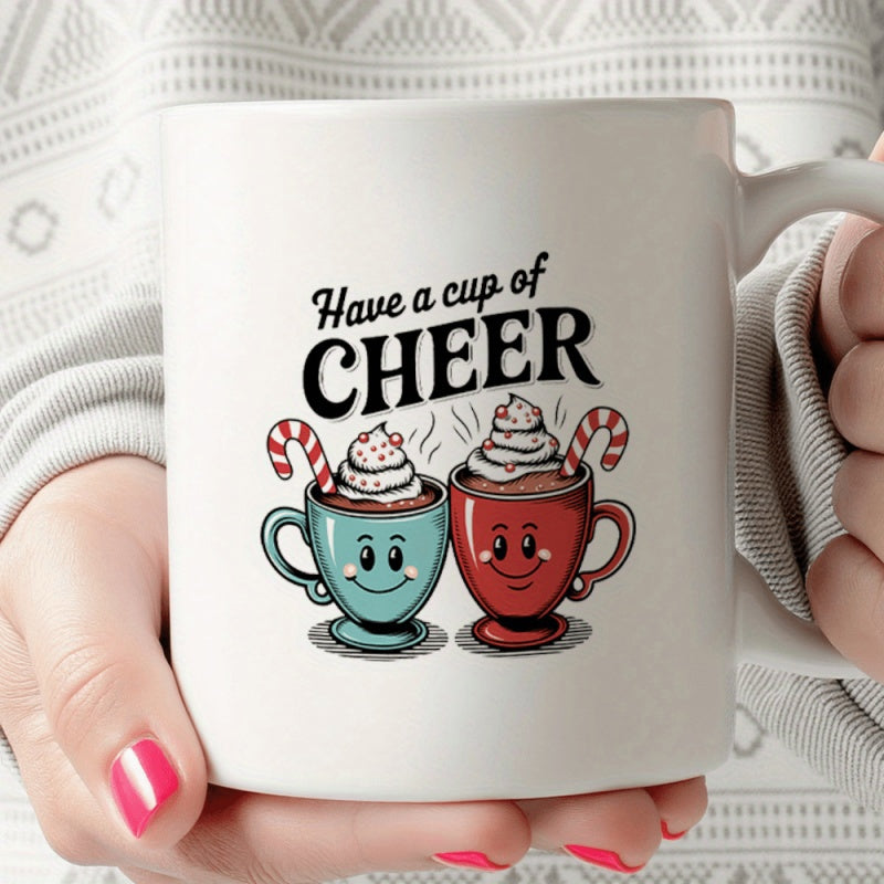 Tailorly White Ceramic 11 oz Mug - Have A Cup Of Cheer Festive Cartoon Cups With Smiling Faces Candy Canes And Whipped Cream Mug