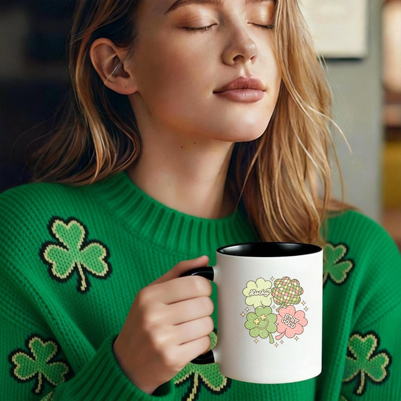 Tailorly Black Accent 11 oz Mug - colorful shamrocks with plaid and floral patterns