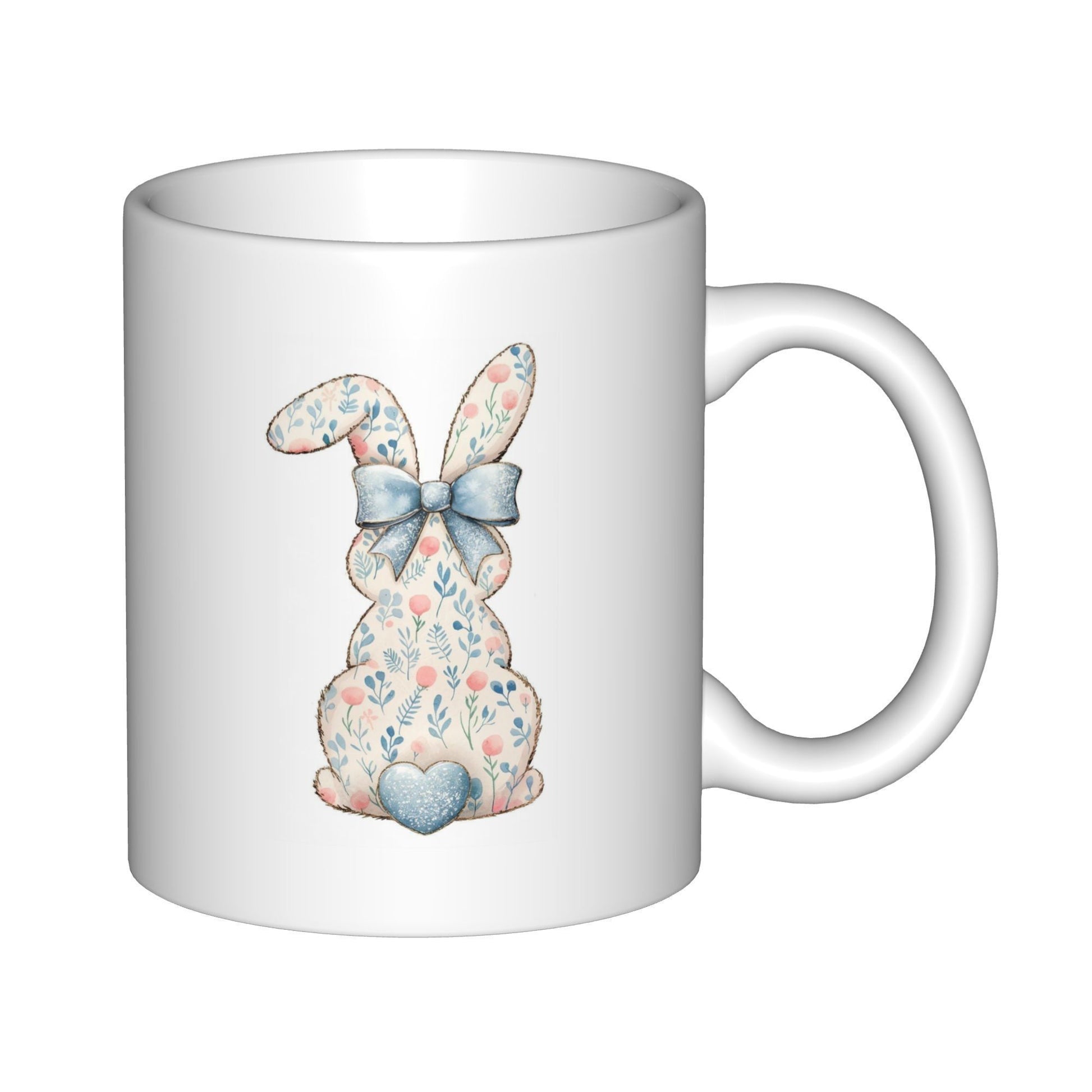 Tailorly White Ceramic 11 oz Mug - Floral Patterned Easter Bunny Featuring Blue Bow And Heart Rabbit