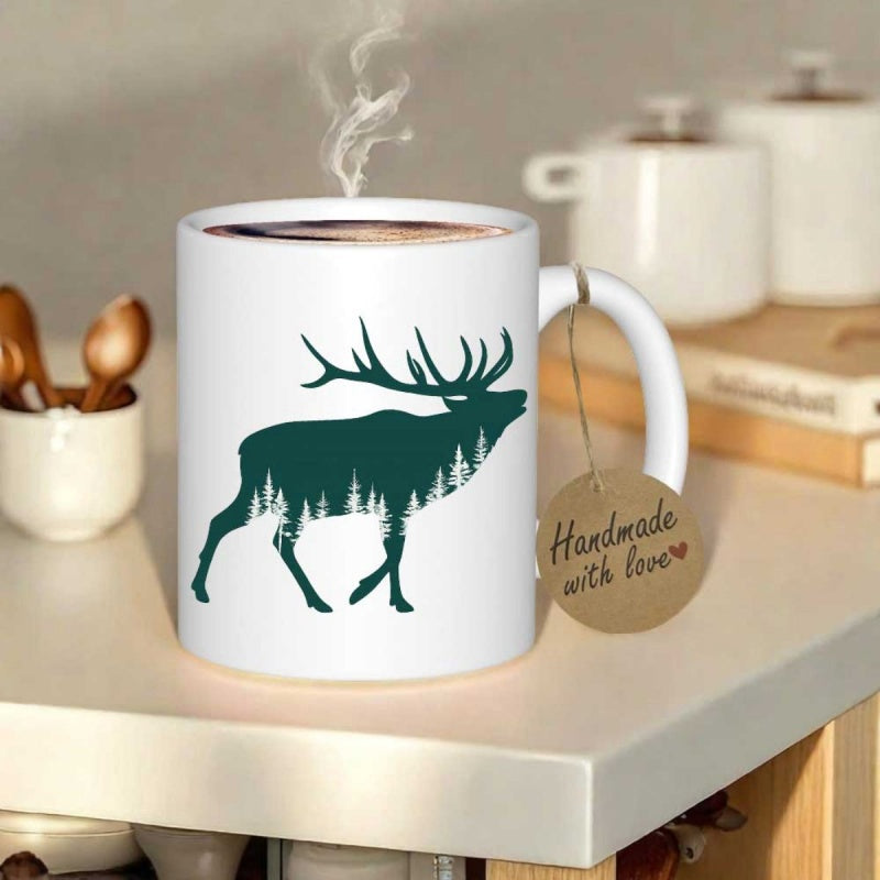 Tailorly White Ceramic 11 oz Mug - Forest Silhouette Inside Standing Majestic Wild Pine Woodland Scenic Wildlife Deer