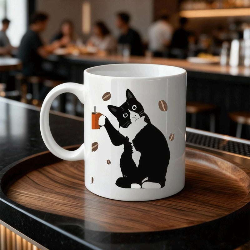 Tailorly White Ceramic 11 oz Mug - Whimsical Black And White Tuxedo Holding Small Cup Among Floating Beans Cat