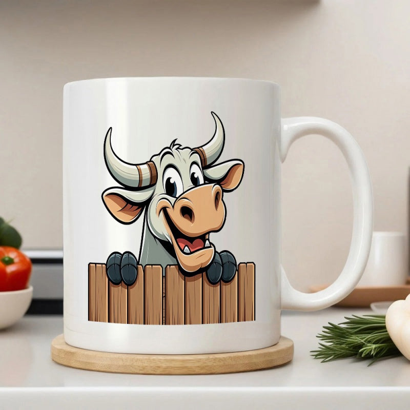 Tailorly White Ceramic 11 oz Mug - Smiling Cartoon Farm Animal Peeking Over A Rustic Wooden Fence Cow