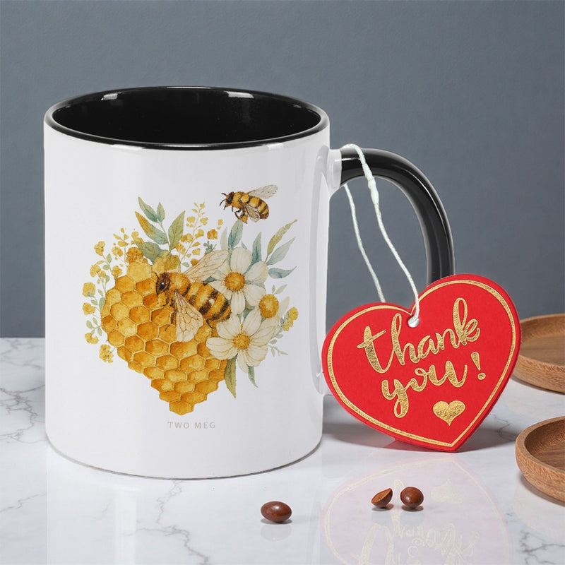 Tailorly Black Accent 11 oz Mug - colorful bee and honeycomb design