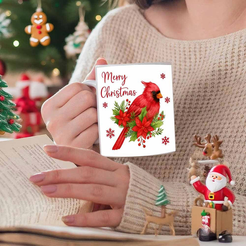 Tailorly White Ceramic 11 oz Mug - Merry Christmas Vibrant Red Bird Perched Amidst Evergreen Holly Leaves And Berries Cardinal