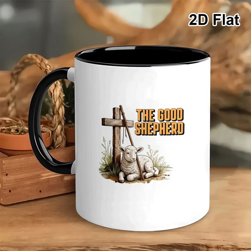 Tailorly Black Accent 11 oz Mug - shepherd lamb and cross print inspired font
