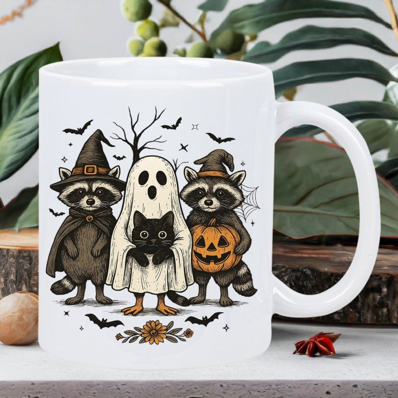 Tailorly White Ceramic 11 oz Mug - Cute Halloween Creatures With Raccoons In Witch Hats And Ghost Raccoon