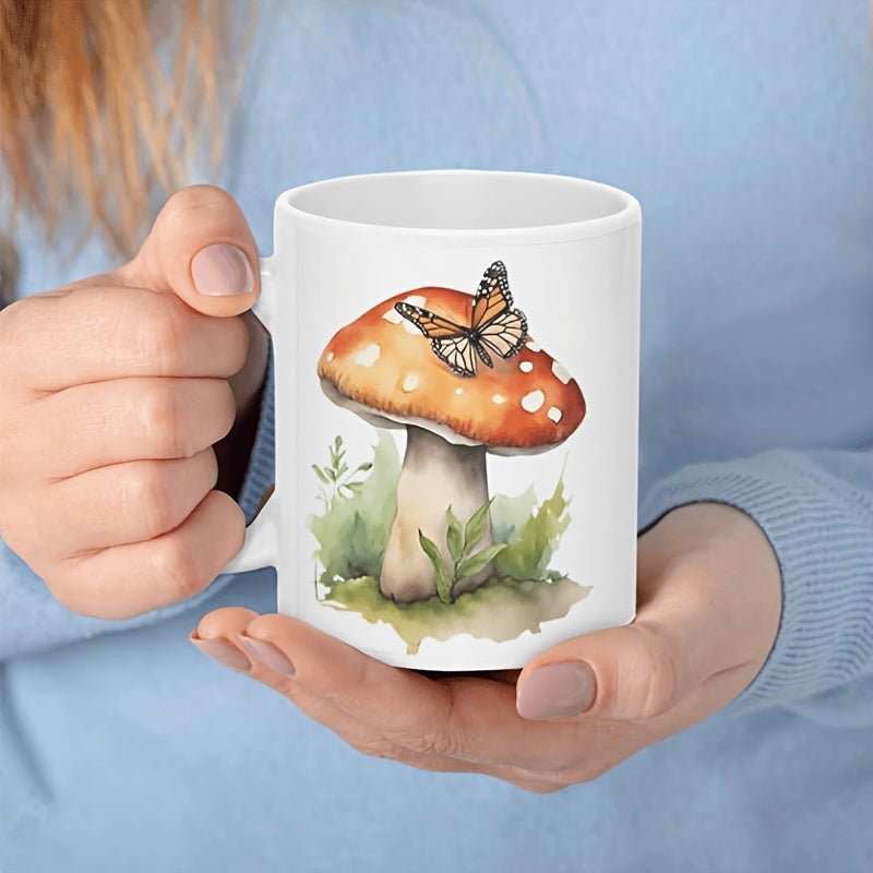 Tailorly White Ceramic 11 oz Mug - Watercolor Style Butterfly Resting On A Spotted Cap Wild Woodland Mushroom