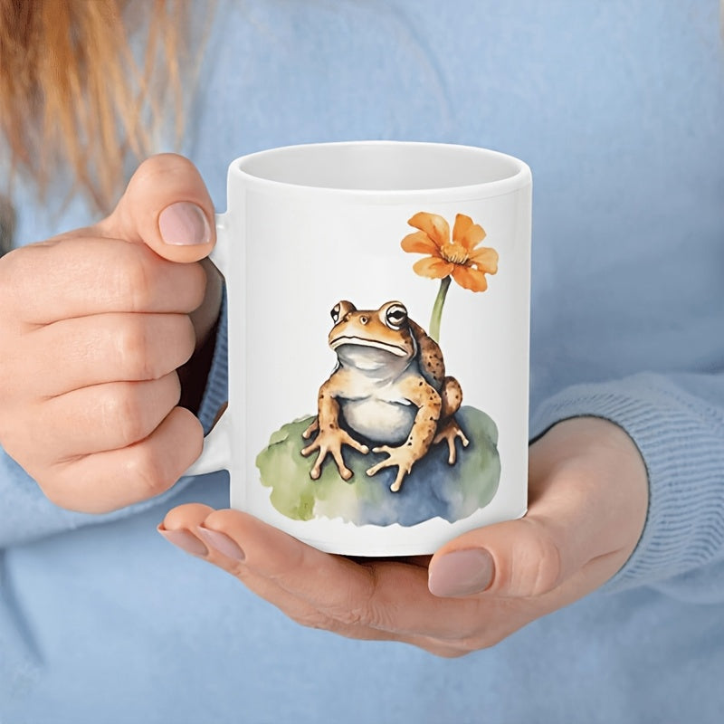 Tailorly White Ceramic 11 oz Mug - Vibrant Watercolor Toad Sitting Under A Single Orange Wildflower Toad