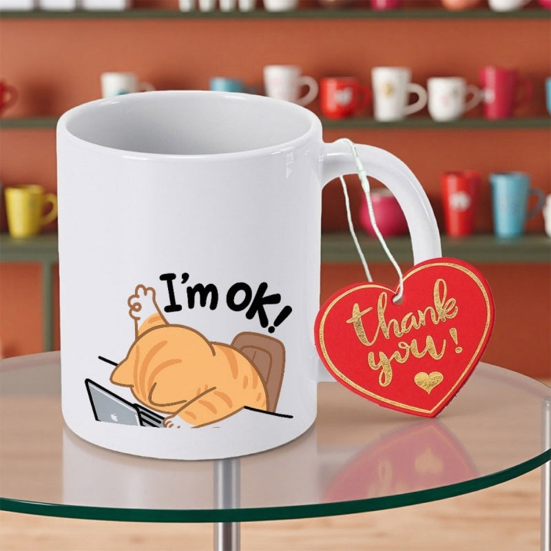 Tailorly White Ceramic 11 oz Mug - Im Ok Exhausted Orange Tabby Animal Slumping Over Desk Working On Laptop Cat