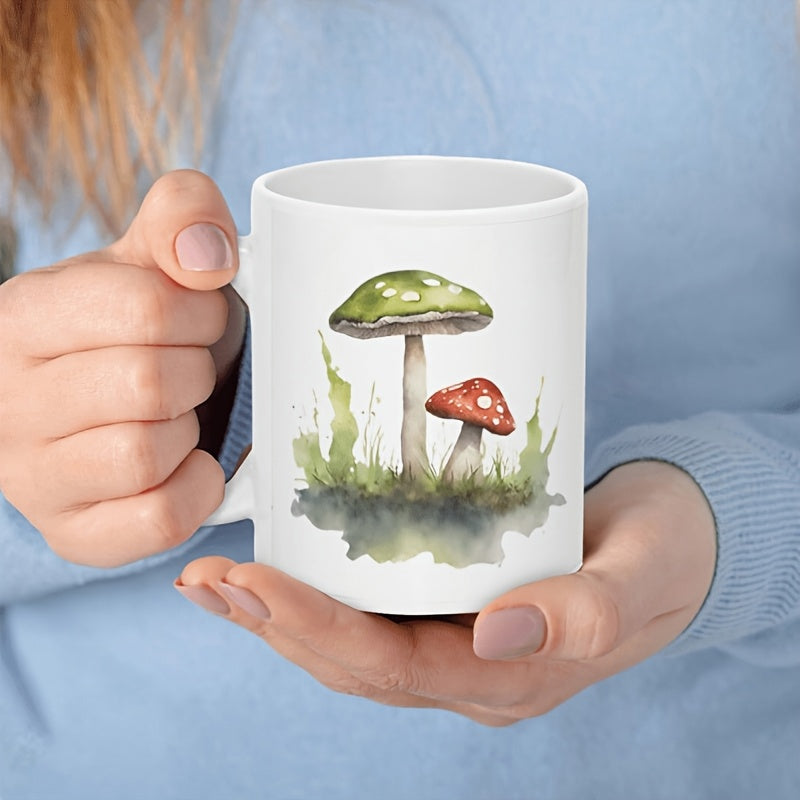 Tailorly White Ceramic 11 oz Mug - Watercolor Forest Mushrooms Growing Among Soft Green Grass And Mossy Earth Mushroom