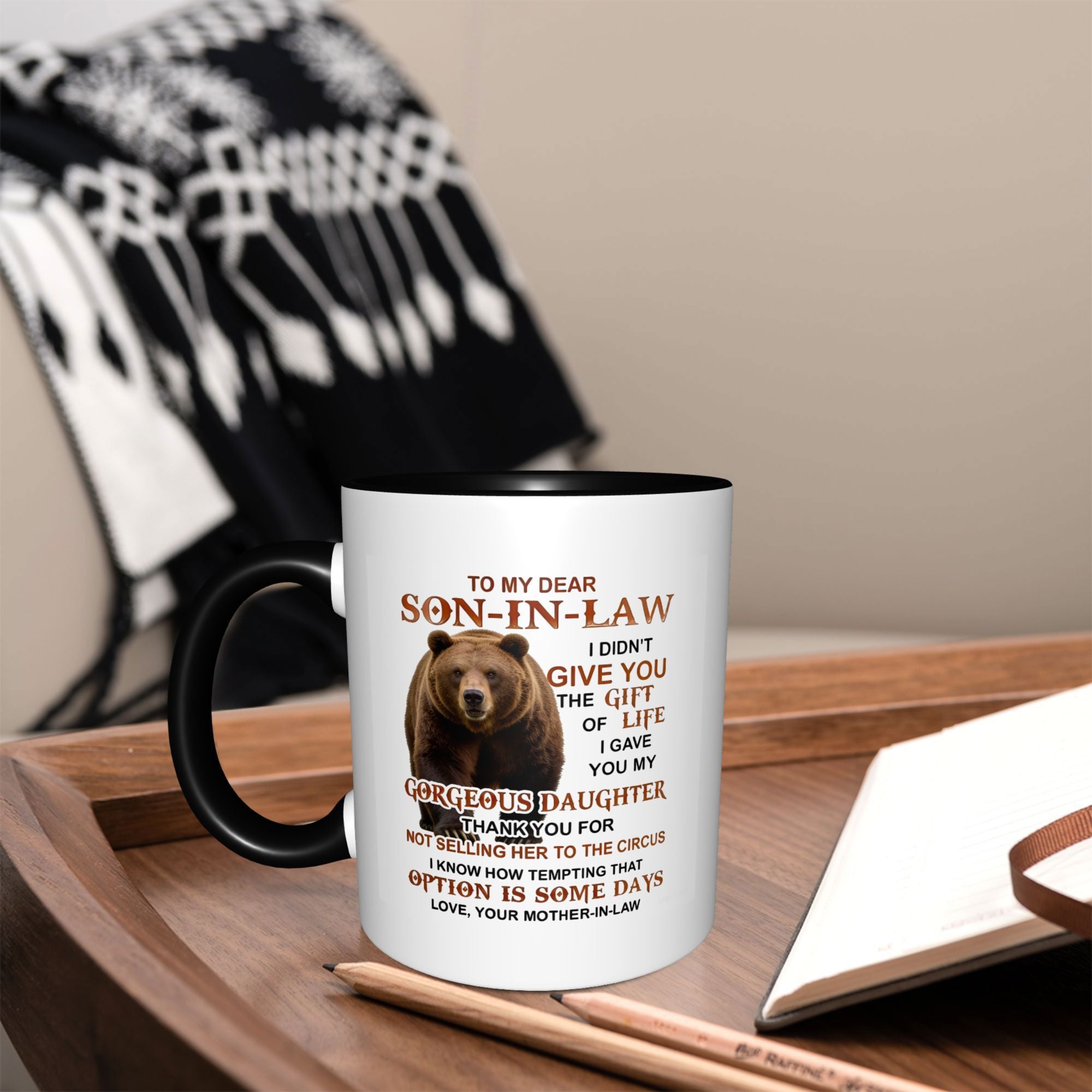 Tailorly Black Accent 11 oz Mug - brown bear with coffee cup and humorous message