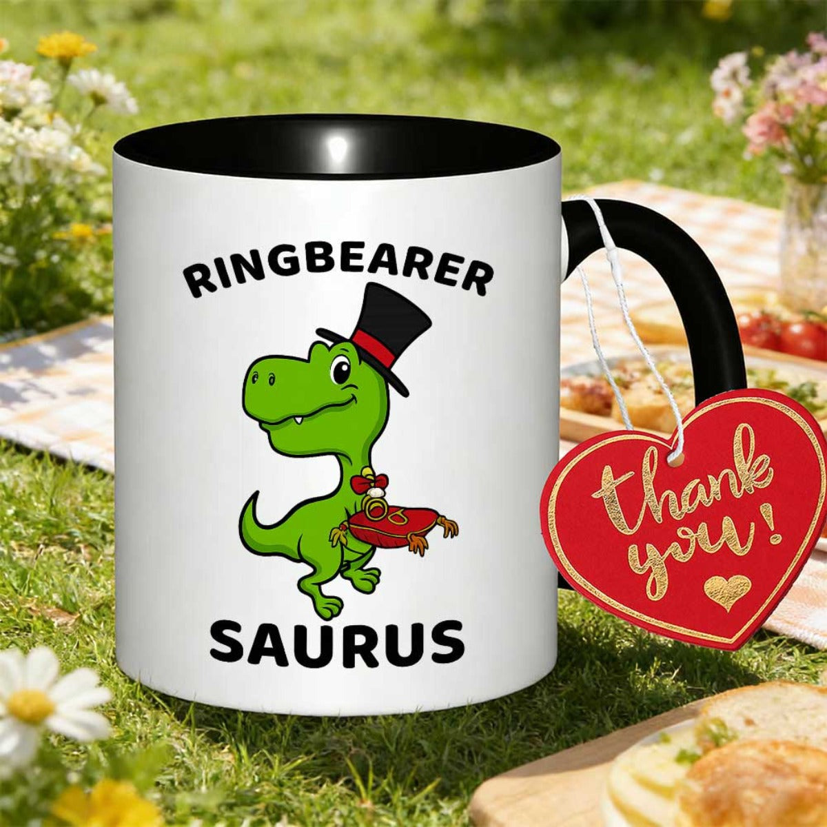 Tailorly Black Accent 11 oz Mug - ringbearer with dinosaur wearing a top hat and a red scarf