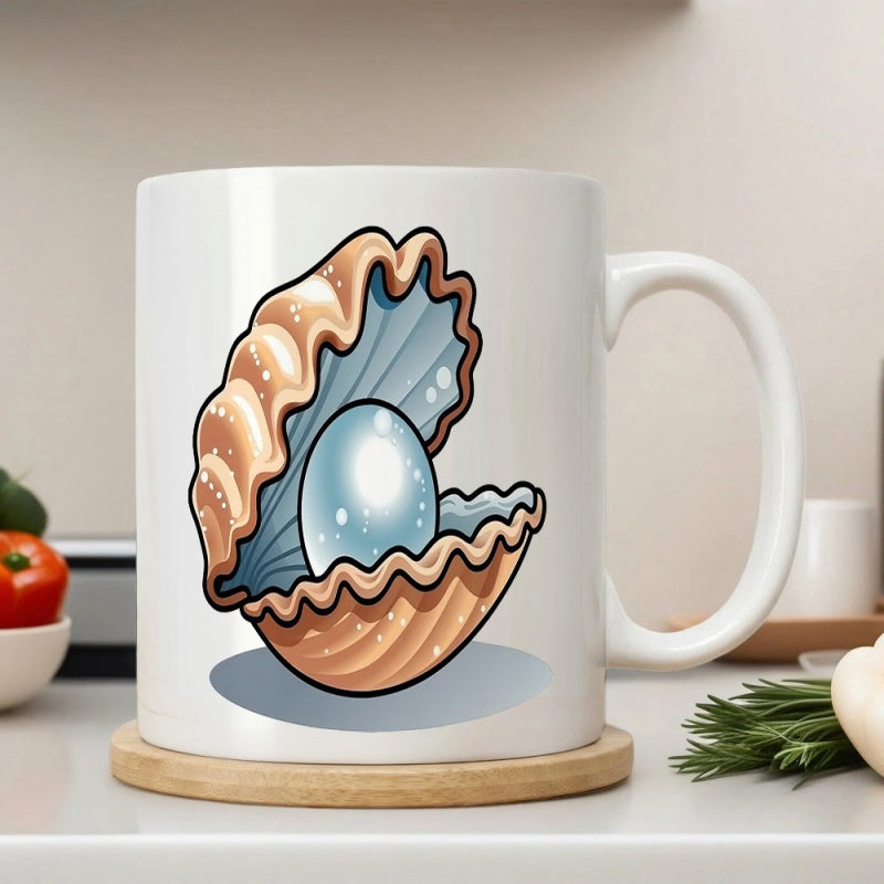 Tailorly White Ceramic 11 oz Mug - Elegant Open Seashell Resting With A Shimmering Radiant Glowing Blue Interior Pearl