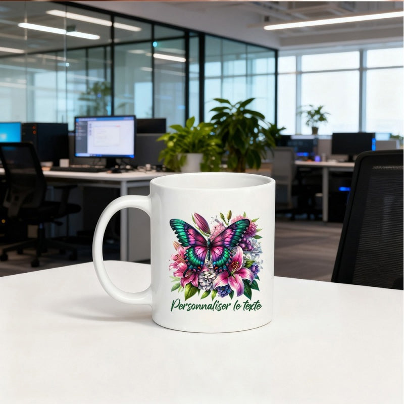 Tailorly White Ceramic 11 oz Mug - Vibrant Teal And Purple Wings Resting On Pink Blooming Flowers Butterfly