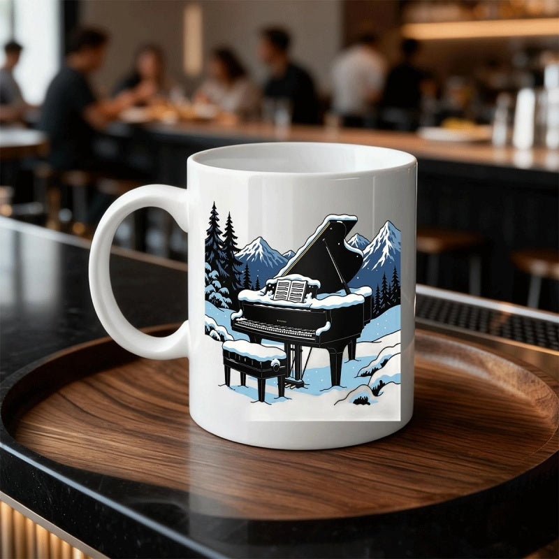 Tailorly White Ceramic 11 oz Mug - Serene Snowy Winter Landscape Featuring Majestic Grand Piano Among Pine Trees Piano