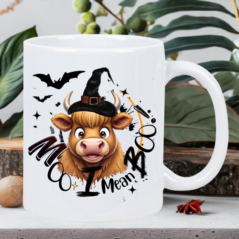Tailorly White Ceramic 11 oz Mug - Moo I Mean Boo Adorable Highland Cow Wearing A Witch Hat With Flying Bats Cow