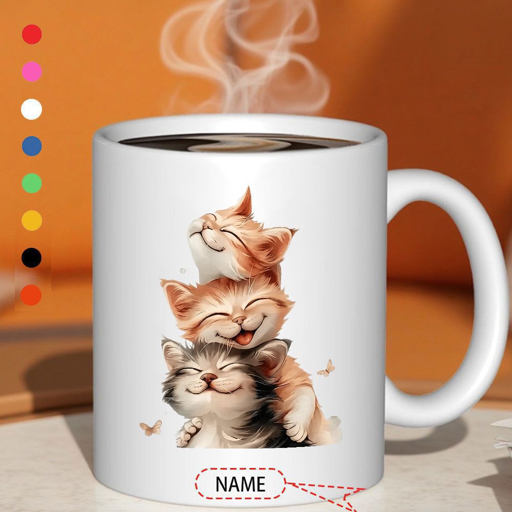 Tailorly White Ceramic 11 oz Mug - Three Adorable Smiling Kittens Stacked Vertically With Small Fluttering Butterflies Kittens