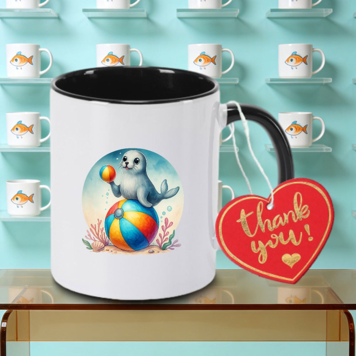 Tailorly Black Accent 11 oz Mug - Lollipop Animal Sheep Lion Striped Design Mardi Gras Print Logo