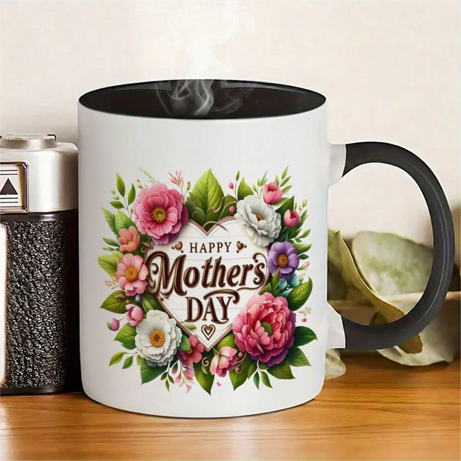 Tailorly Black Accent 11 oz Mug - 11 oz ceramic coffee mug for beautiful floral heart graphic gift for mom stepmom grandma happy mothers day