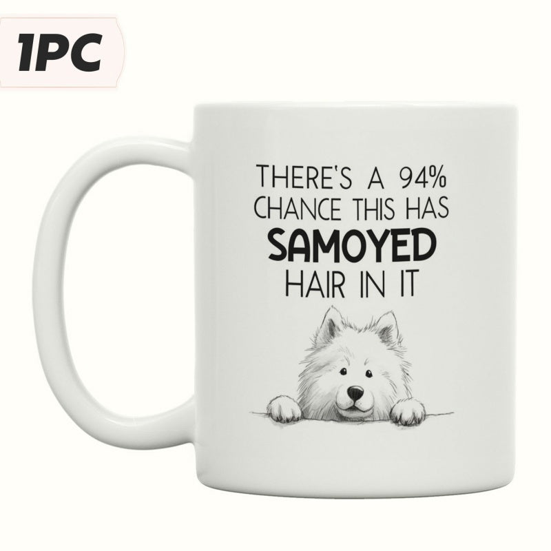 Tailorly White Ceramic 11 oz Mug - There's A 94% Chance This Has Samoyed Hair In It Adorable Fluffy Dog Peeking Over A Minimalist Edge With Friendly Expression Dog