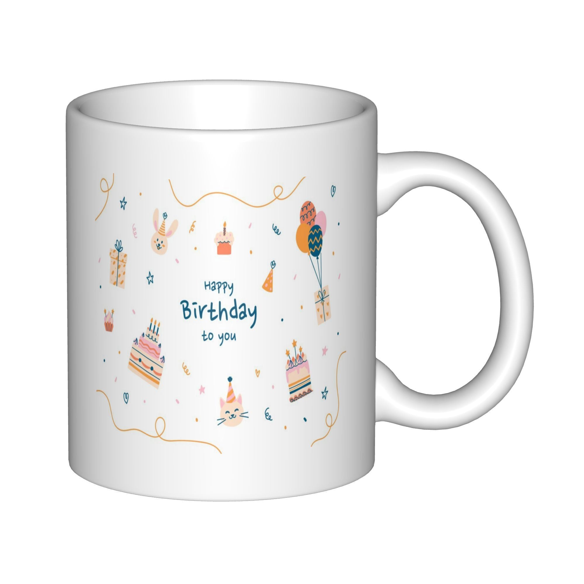 Tailorly White Ceramic 11 oz Mug - Happy Birthday To You Festive Cartoon Illustrations With Colorful Balloons And Layered Party Cake