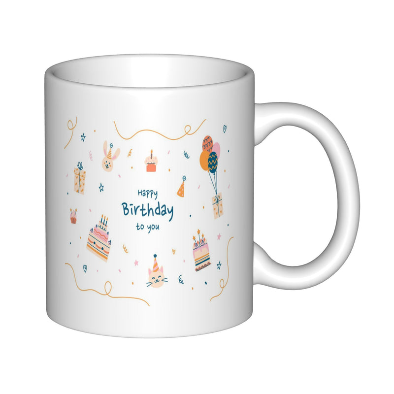 Tailorly White Ceramic 11 oz Mug - Happy Birthday To You Festive Cartoon Illustrations With Colorful Balloons And Layered Party Cake