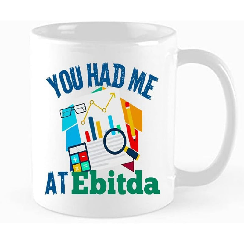 Tailorly White Ceramic 11 oz Mug - You Had Me At Ebitda Colorful Financial Analytics Icons Featuring Calculator And Charts Under Magnifying Glass Mug