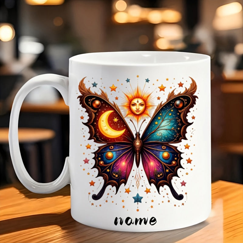Tailorly White Ceramic 11 oz Mug - Name Celestial Pattern Featuring Golden Sun And Moon Within Cosmic Wings Butterfly