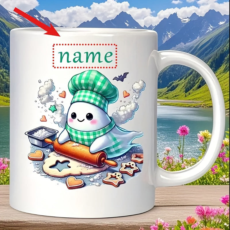 Tailorly White Ceramic 11 oz Mug - Name Adorable Little Spirit Baking Star Cookies Wearing A Green Checkered Hat Ghost
