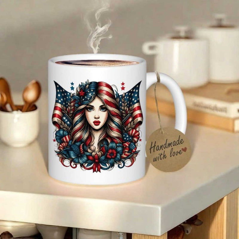 Tailorly White Ceramic 11 oz Mug - Handmade With Love Patriotic Lady With Stars And Stripes Among Blooming Flowers Woman