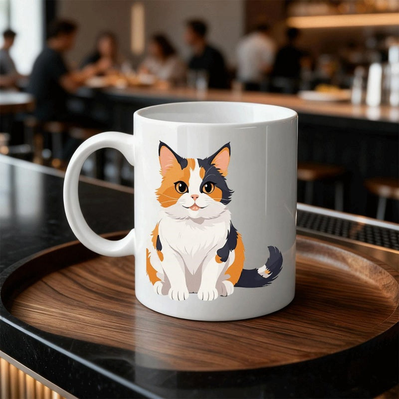 Tailorly White Ceramic 11 oz Mug - Cute Cartoon Calico With Orange And Black Patches Sitting Gracefully Cat