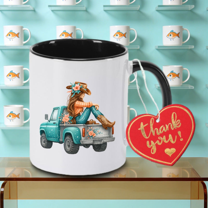 Tailorly Black Accent 11 oz Mug - Pickup Truck and Girl Logo