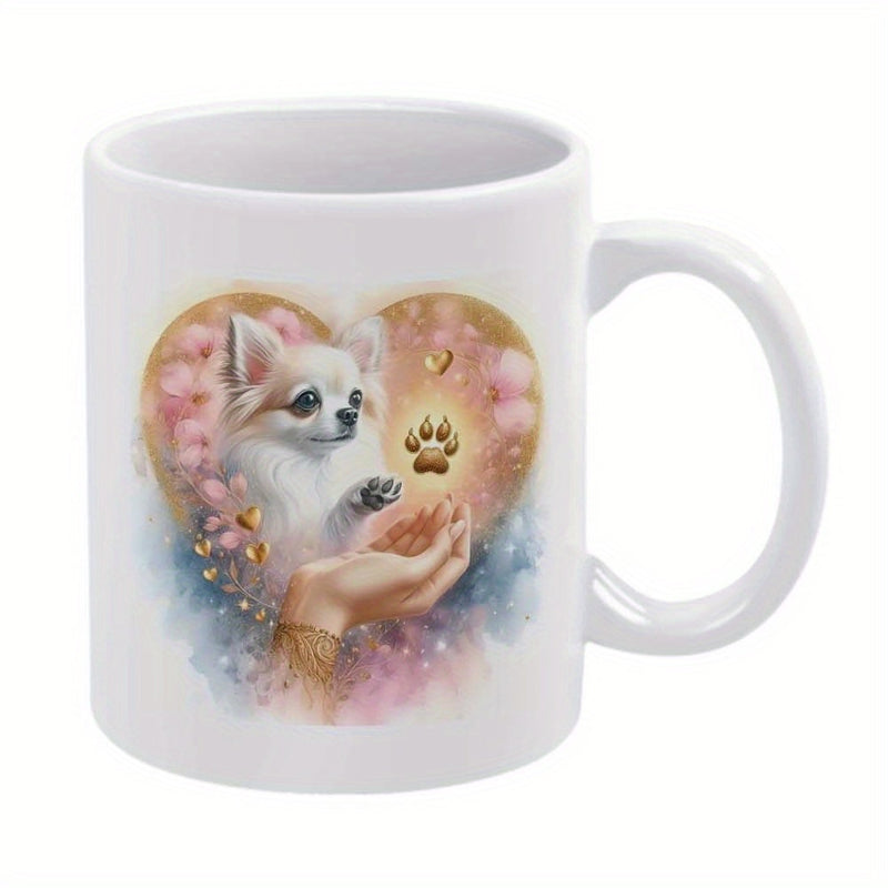 Tailorly White Ceramic 11 oz Mug - Artistic Long Haired White Dog Within Radiant Golden Heart Paw Print Chihuahua
