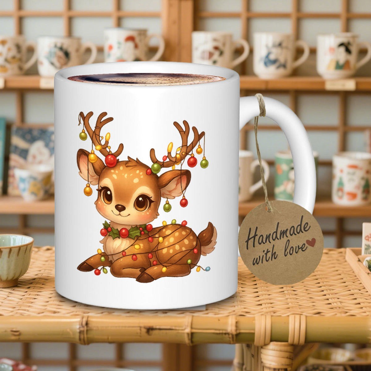 Tailorly White Ceramic 11 oz Mug - Handmade With Love Adorable Festive Baby Reindeer Wrapped In Sparkling Christmas Lights Deer