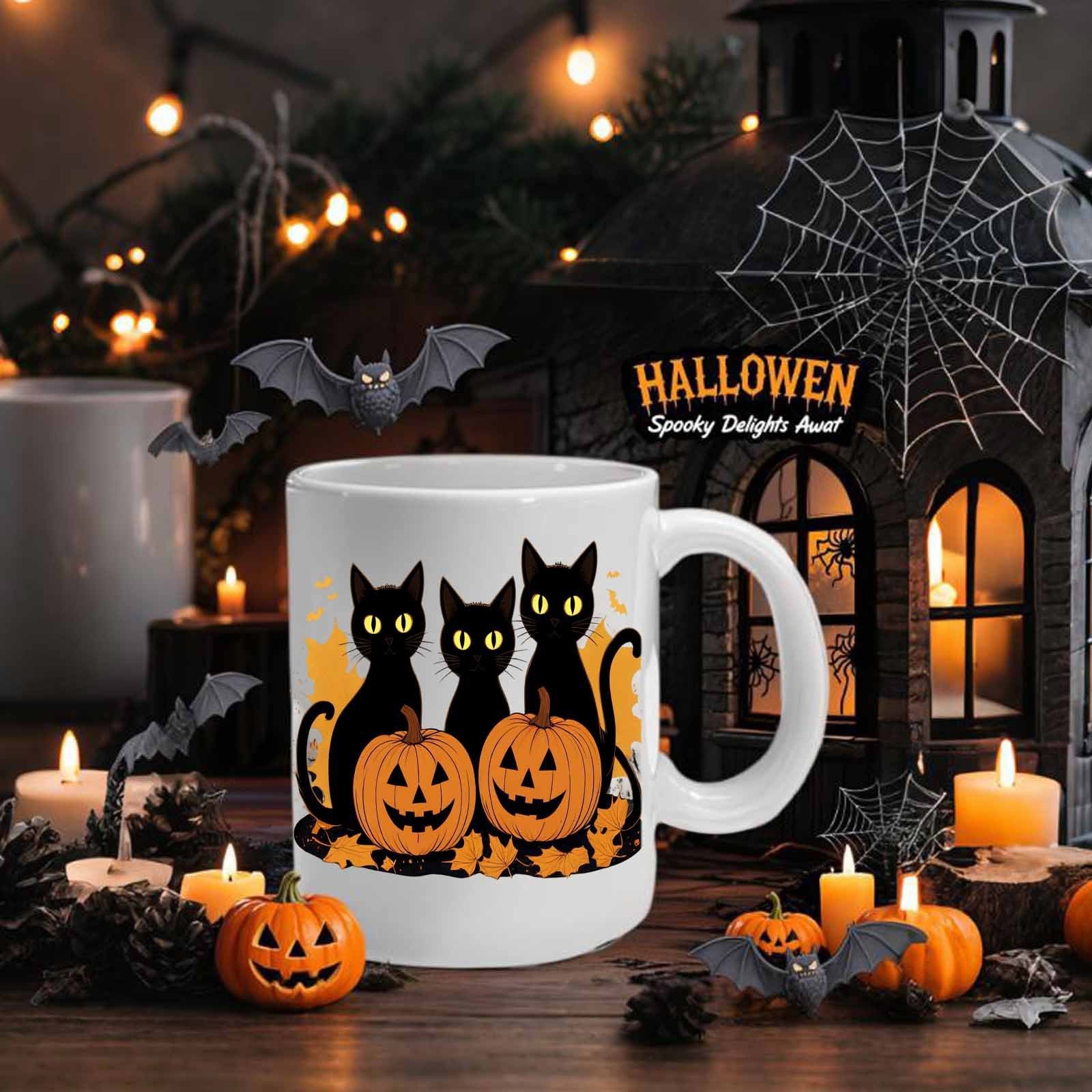 Tailorly White Ceramic 11 oz Mug - Spooky Delights Await Three Mysterious Black Cats Sitting Behind Carved Orange Halloween Jack O Lanterns Cats