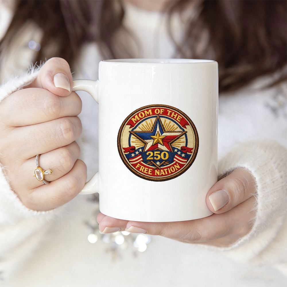 Tailorly White Ceramic 11 oz Mug - Mom Of The 250 Free Nation Patriotic Emblem With Texas Star Colors And American Flag Inspired Ribbons Emblem