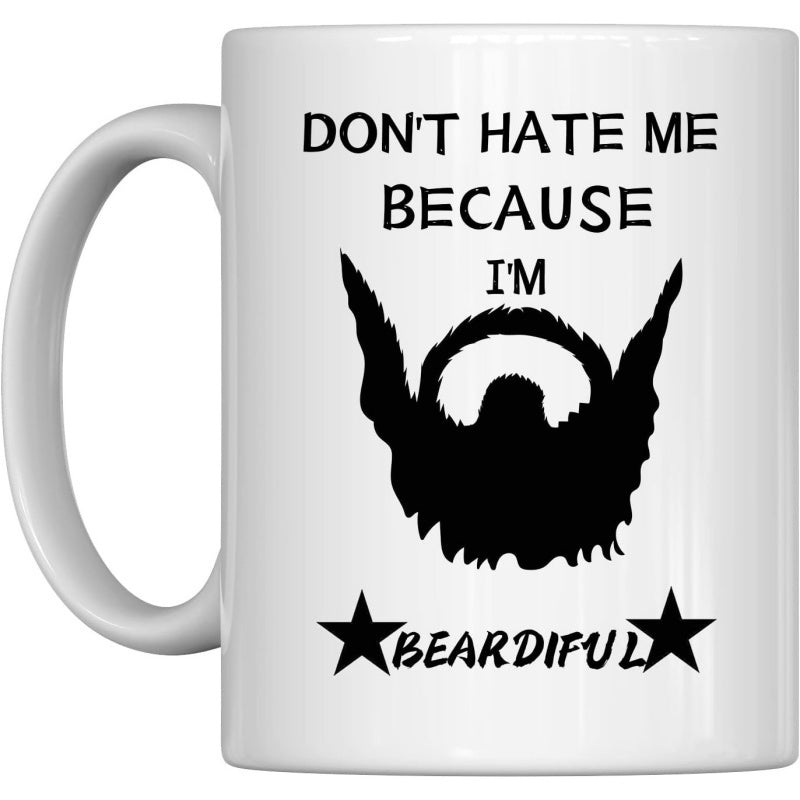 Tailorly White Ceramic 11 oz Mug - Don't Hate Me Because I'm Beardiful Stylized Black Silhouette Flanked By Bold Five Pointed Stars Beard