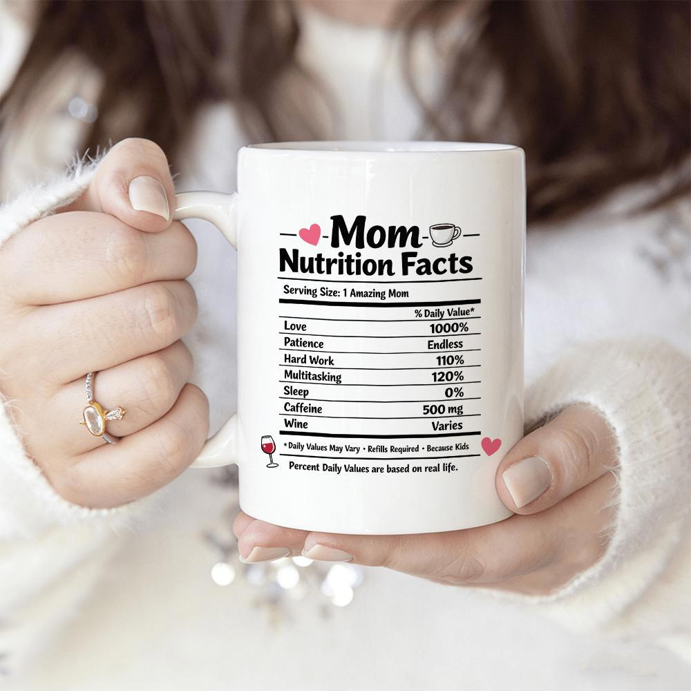 Tailorly White Ceramic 11 oz Mug - Mom Nutrition Facts Minimalist Black Text Table Featuring Cute Hearts And Small Icons Mug