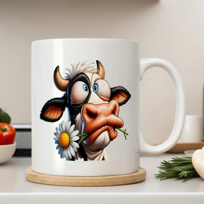 Tailorly White Ceramic 11 oz Mug - Whimsical Cartoon Character With Expressive Blue Eyes Holding A Daisy Cow