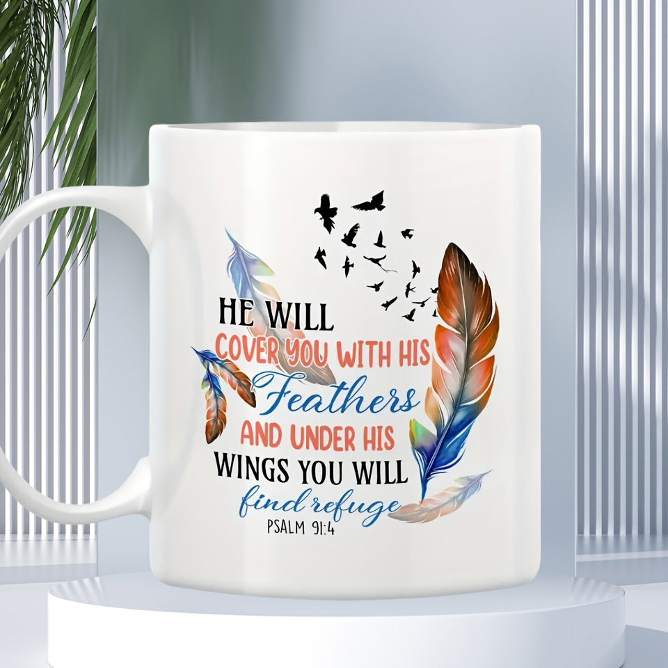 Tailorly White Ceramic 11 oz Mug - He Will Cover You With His Feathers And Under His Wings You Will Find Refuge Psalm 91 4 Graceful Flying Birds Surrounded By Soft