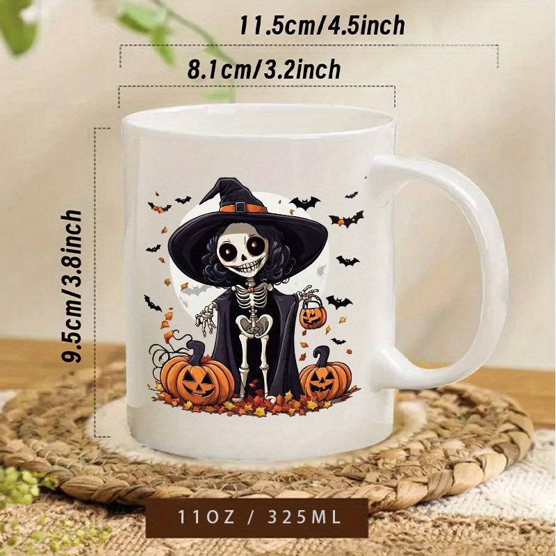 Tailorly White Ceramic 11 oz Mug - Smiling Cartoon Witch Hat Wearing Cloak Standing Among Glowing Halloween Jack O Lantern Pumpkins Skeleton